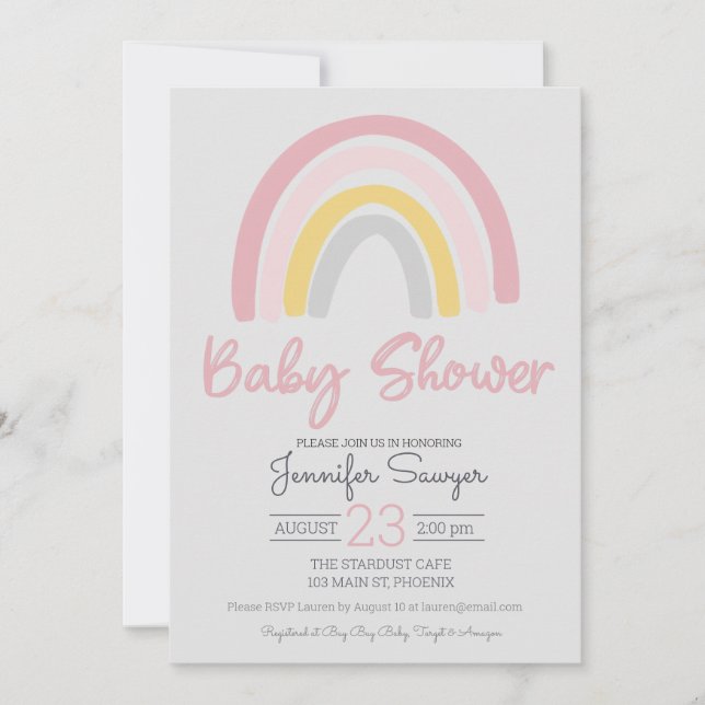 Invitation Baby shower gris jaune rose arc-en-ciel (Devant)
