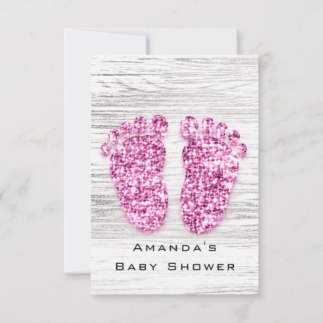 Invitation Baby shower gris or pieds bois rustique fille rose (Dos)