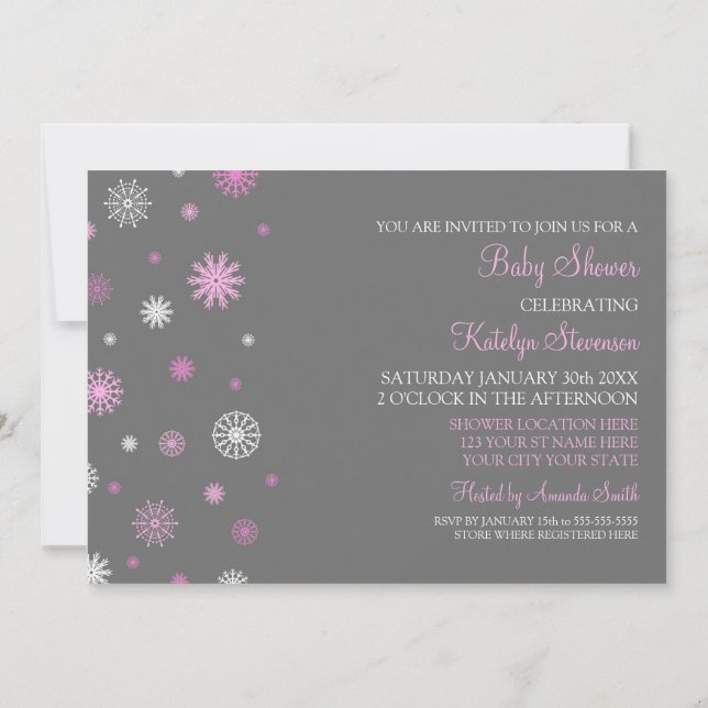 Invitation Baby shower gris rose de coutume de Noël de neige (Dos)