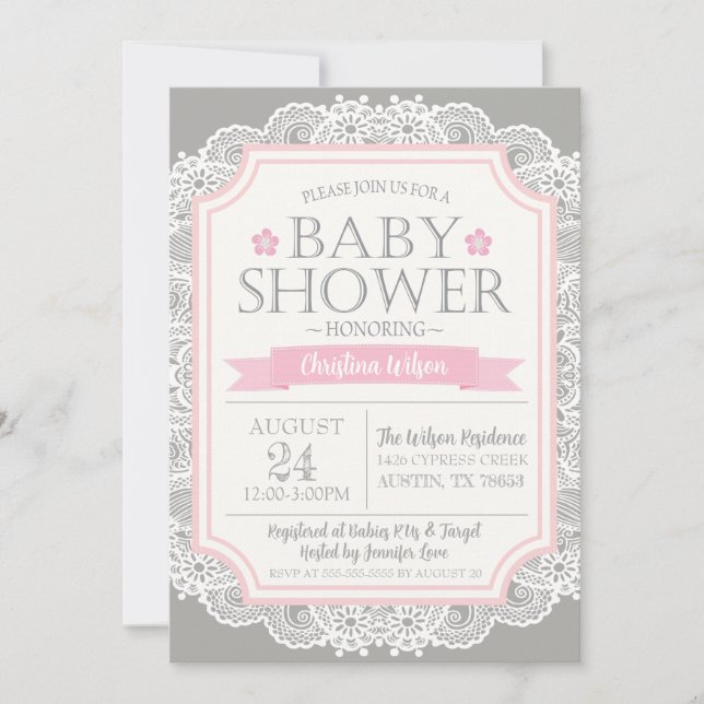 Invitation Baby shower gris rose et dentelle (Devant)