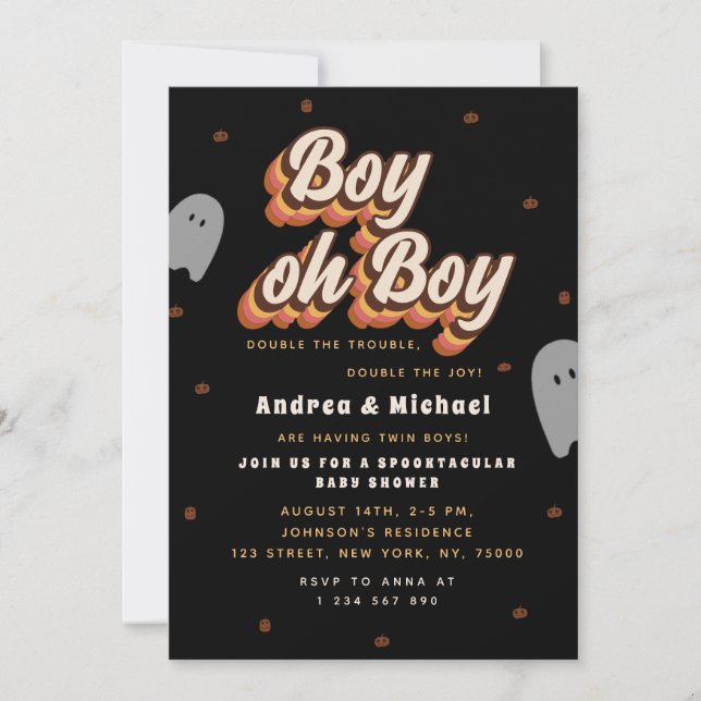 Invitation Baby shower Halloween Retro Éffrayant Twins Ghosts (Devant)