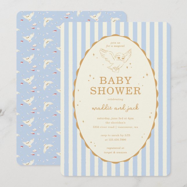 Invitation Baby Shower Harry Potter Hedwig Rayures Bleues (Devant / Derrière)