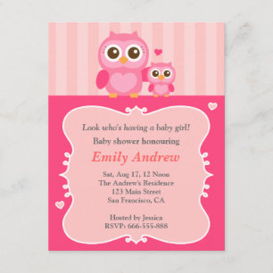 Invitation Baby shower hibou rose, maman et enfant