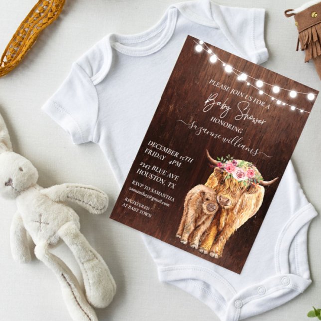 Invitation Baby shower Highland Vache Calf Bois rustique (Créateur téléchargé)