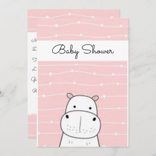 Invitation Baby shower Hippo bébé doux (Devant / Derrière)