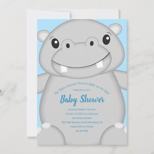 Invitation Baby shower Hippo bleu (Devant)