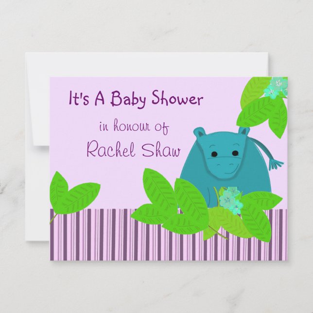 Invitation Baby shower Hippo violet et bleu (Devant)