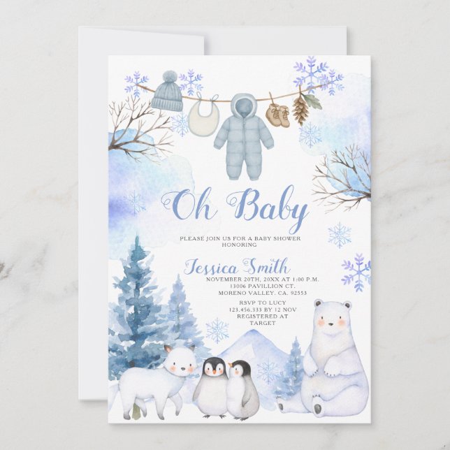 Invitation Baby shower Hiver Arctic Animal Clothesline (Devant)