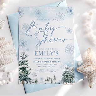 Invitation Baby Shower Hiver Flocon de Neige Bleu