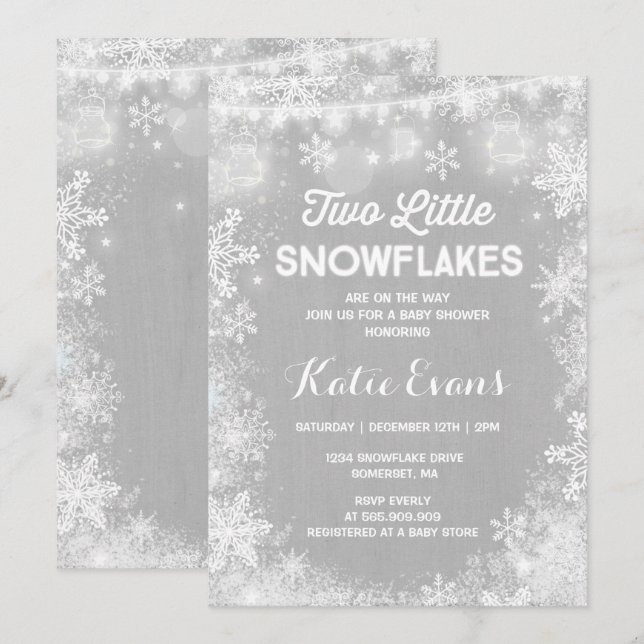 Invitation Baby shower hiver Twin Rustique Blanc (Devant / Derrière)