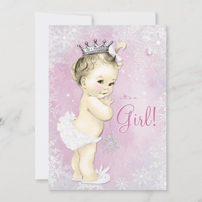 Invitation Baby shower hiver Wonderland Girls Rose Snowflake (Devant)