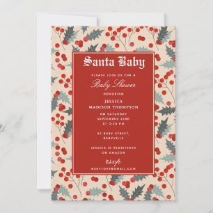 Invitation Baby shower Holly Berry Père Noël moderne