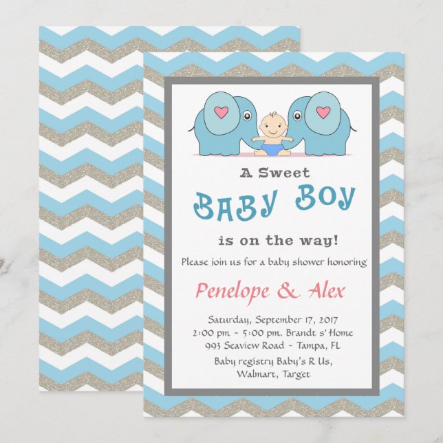 Invitation Baby shower honorant Garçon, bleu, blanc, couleur (Devant / Derrière)