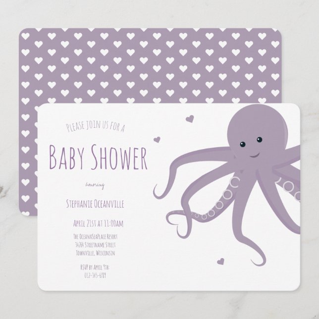 Invitation Baby shower horizontal mignon octopus coeur pourpr (Devant / Derrière)