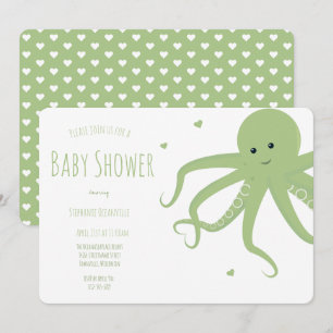 Invitation Baby shower horizontal mignon octopus coeur vert
