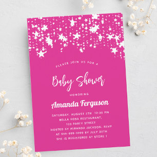 Invitation Baby shower hot rose blanc étoiles fille luxe