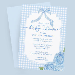Invitation Baby Shower Hydrangea à carreaux Gingham Bleu