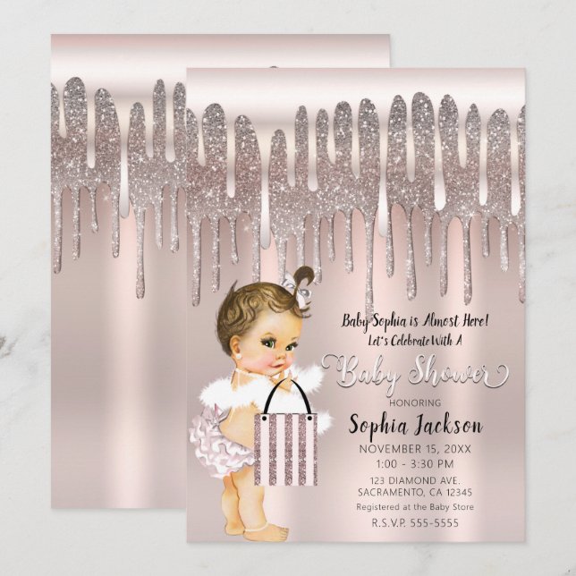 Invitation Baby shower Icy Rose Rose Diamond Parties scintill (Devant / Derrière)