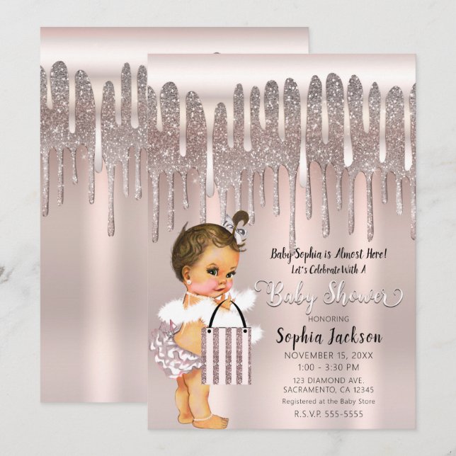 Invitation Baby shower Icy Rose Rose Diamond Parties scintill (Devant / Derrière)