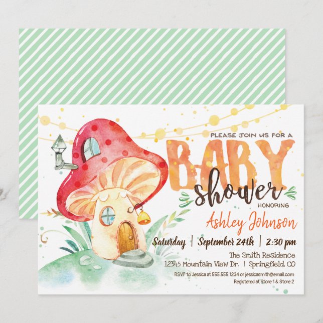Invitation Baby shower Imaginaire Champignons (Devant / Derrière)