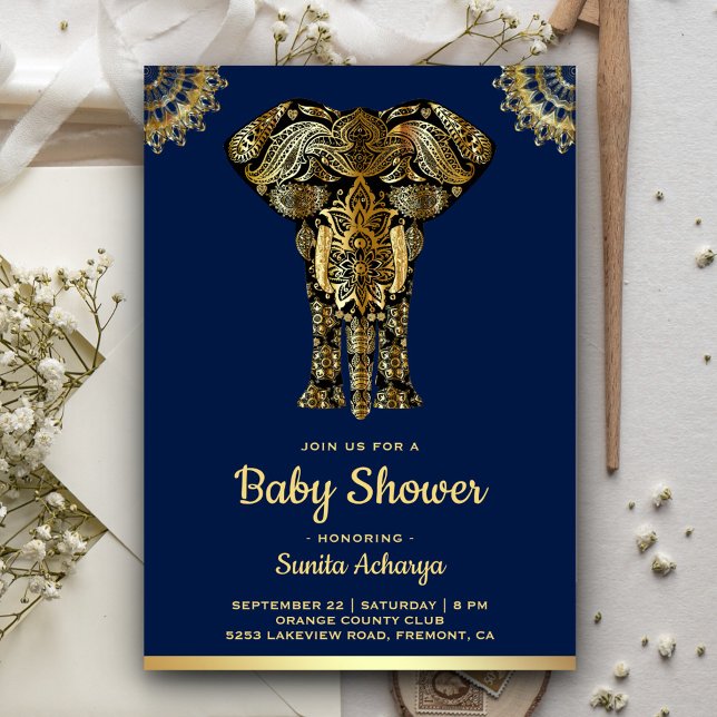 Invitation Baby shower indien Blue Gold Elephant (Créateur téléchargé)