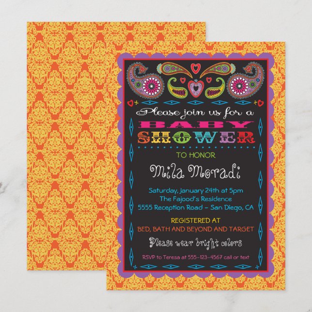 Invitation Baby shower inspiré par l'Inde de Bollywood (Devant / Derrière)