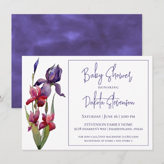 Invitation Baby shower Iris | Fleur violet violet royale (Devant / Derrière)