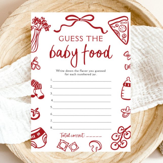 Invitation Baby shower Italien Dessiné À La Main Devinez La N (Hand Drawn Italian Baby Shower Guess The Baby Food Game)