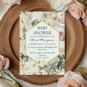 Invitation Baby Shower Jardin de Pivoines Ivoire Cadre Doré