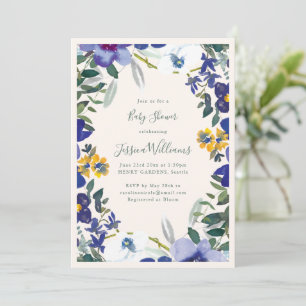 Invitation Baby Shower Jardin Floral Aquarelle Bleu Violet