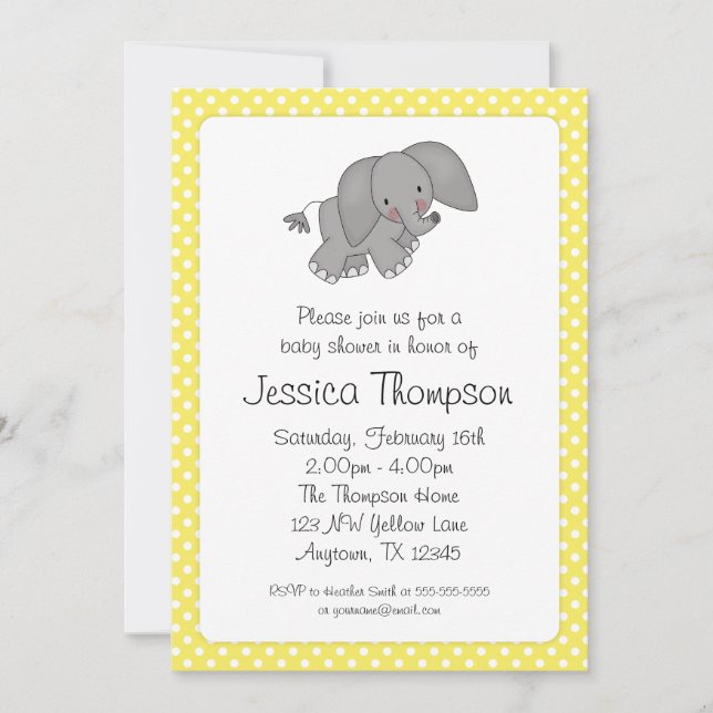 Invitation Baby shower jaune de pois d'éléphant (Devant)
