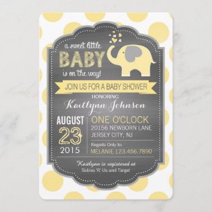 Invitation Baby shower jaune d'éléphant et de points