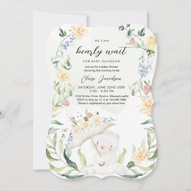 Invitation Baby shower Jaune Neutre Genre Ours Vert (Devant)