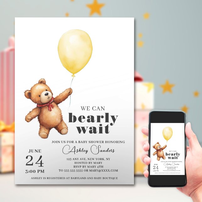 Invitation Baby shower Jaune Ours Teddy (Créateur téléchargé)