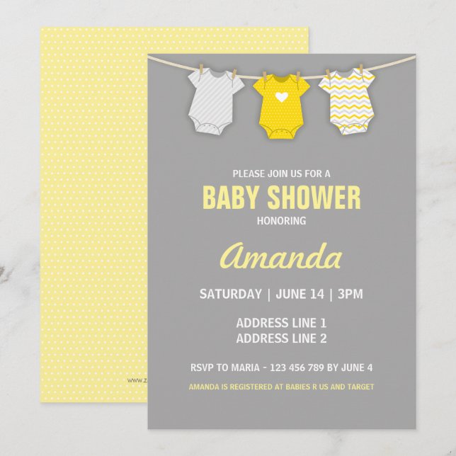 Invitation Baby shower Jaune, Thème Clothesline (Devant / Derrière)