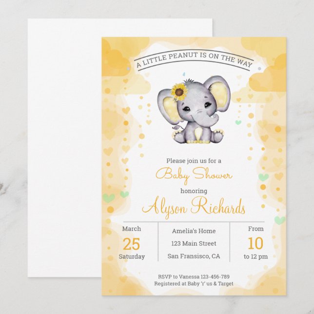 Invitation Baby shower jaune tournesol (Devant / Derrière)