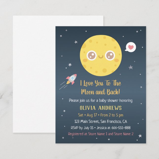 Invitation Baby shower Je t'aime à la Lune et à l'arrière (Devant / Derrière)