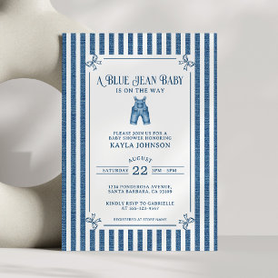 Invitation Baby Shower Jean Bleu Rayure Côtière Sombre Nœuds
