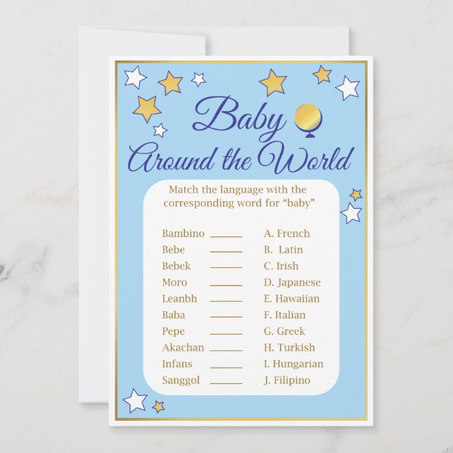 Invitation Baby shower Jeu autour du monde Blue Gold Stars (Devant)