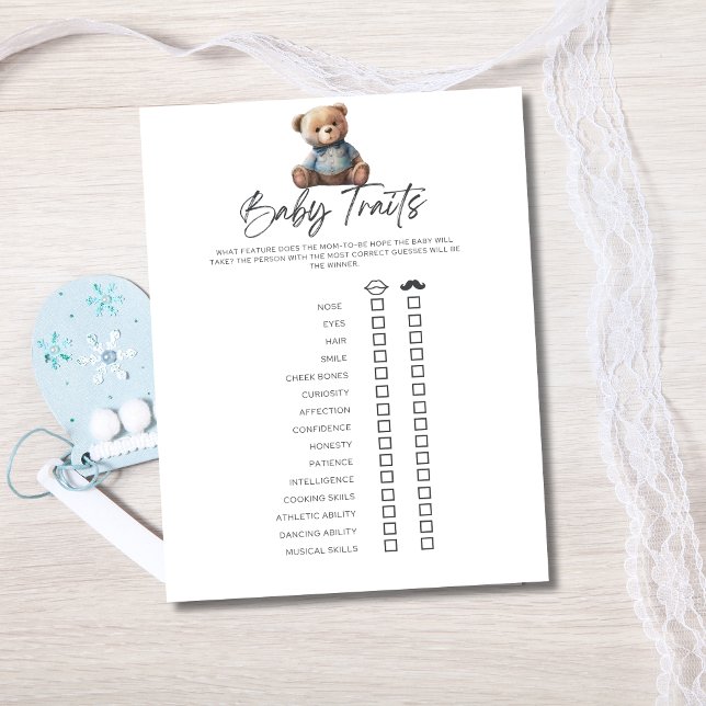 Invitation Baby shower Jeu Bébé Garçon Traits Bébé Parents (Baby Shower Traits Game for Baby  boy shower with Blue Teddy Bear.)