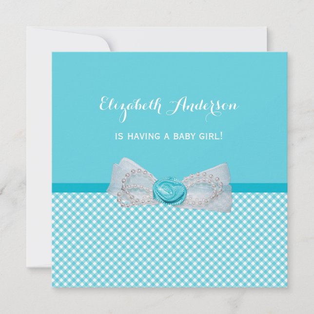 Invitation Baby shower Joli Aqua En vichy mignon Blue Bow (Devant)
