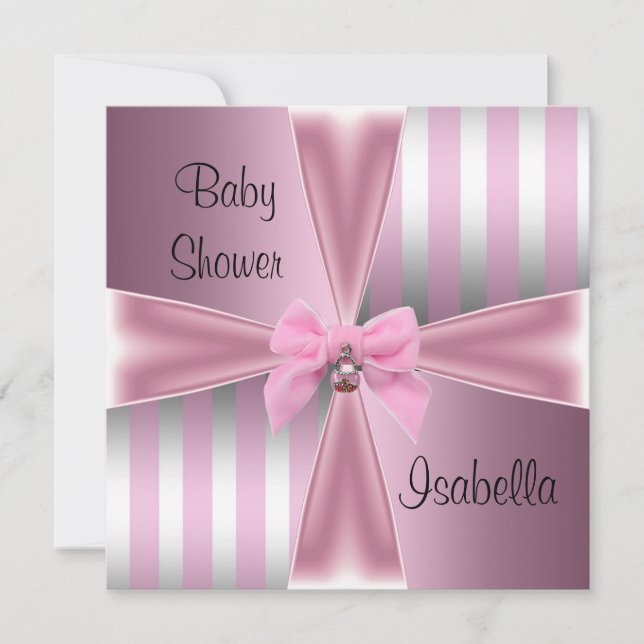 Invitation Baby shower Joli Satin Rose Argent Striver Bow (Devant)