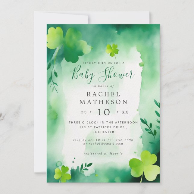 Invitation baby shower Jour de la Saint Patrick vert aquarell (Devant)