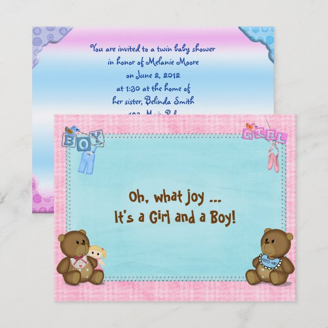 Invitation Baby shower jumeau (Devant / Derrière)