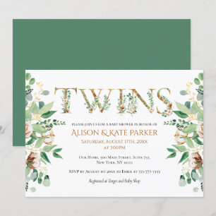 Invitation Baby shower jumeau   Alphabet Or Eucalyptus en cot