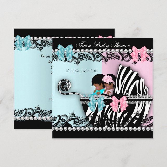 Invitation Baby shower jumeau mignon fille rose garçon bleu Z (Devant / Derrière)