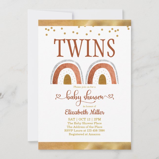 Invitation Baby shower Jumeau Or Arc-en-Ciel Boho (Devant)