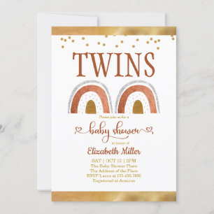 Invitation Baby shower Jumeau Or Arc-en-Ciel Boho