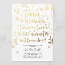 Invitation Baby shower jumeau Or blanc Bénédiction