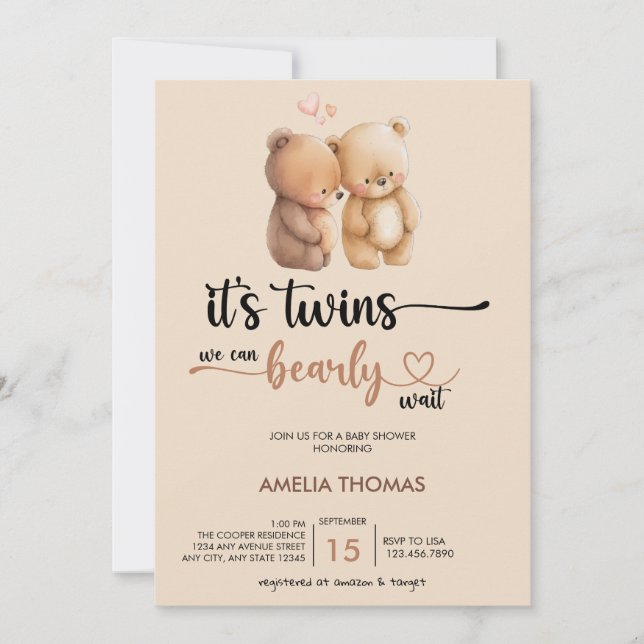Invitation Baby shower jumeau | Teddy Bear (Devant)